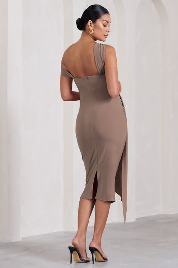 Just Wait Mocha Asymmetric Strappy Maternity Midi Dress With Drape